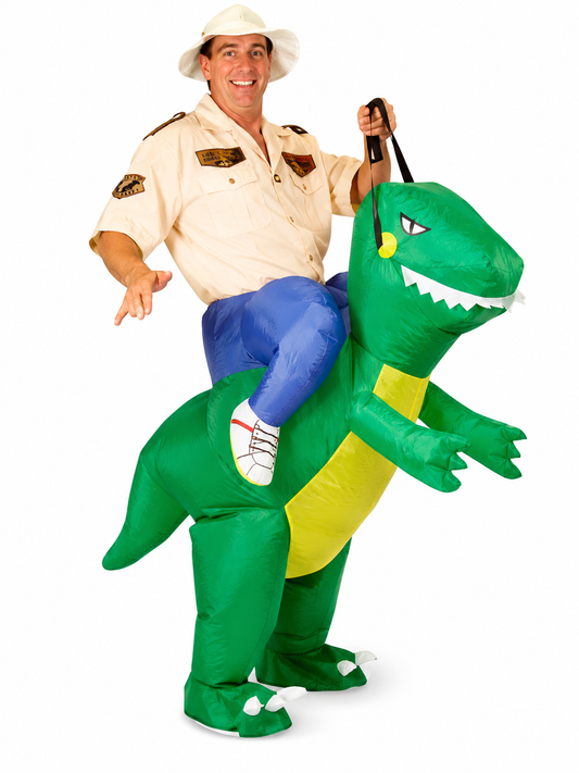 Opblaasbaar man op dinosaurusrug kostuum